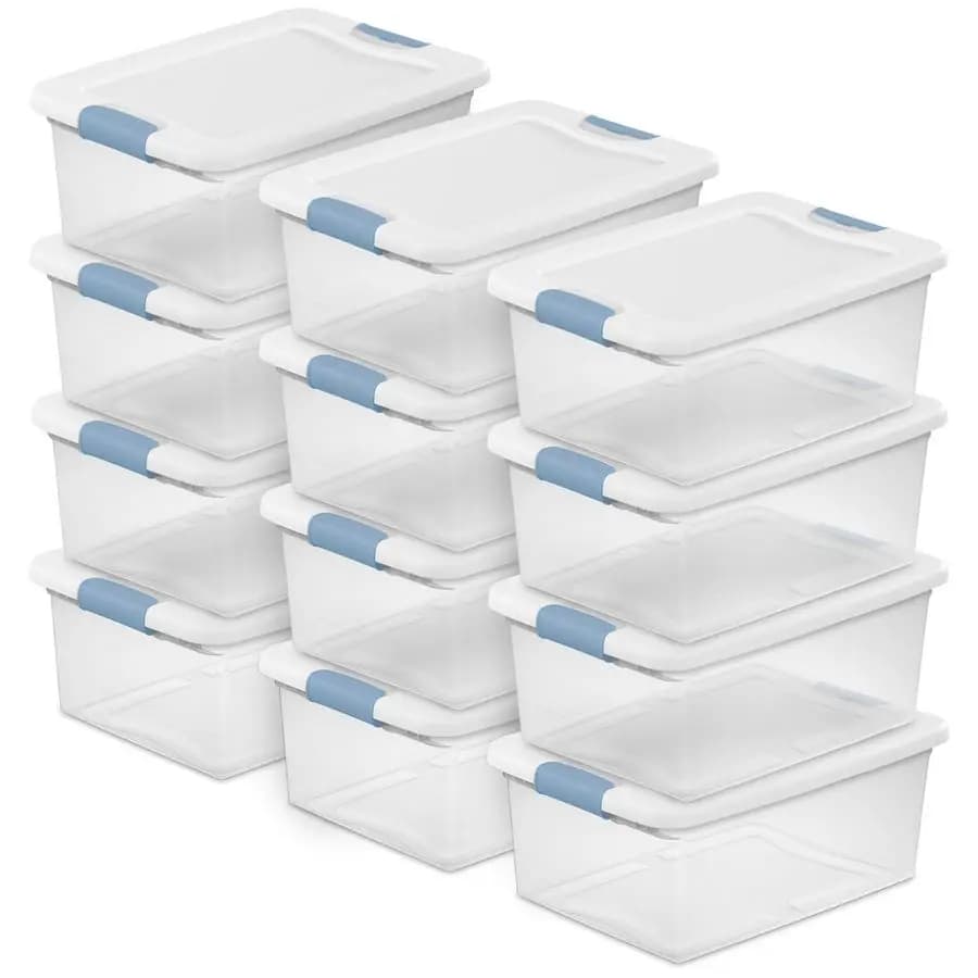 Set of 12 Containers with Cover, Under Bed Organization Boxes, Transparent Plastic, 15 Quart Resistant Containers for Wardrobe, Bathroom