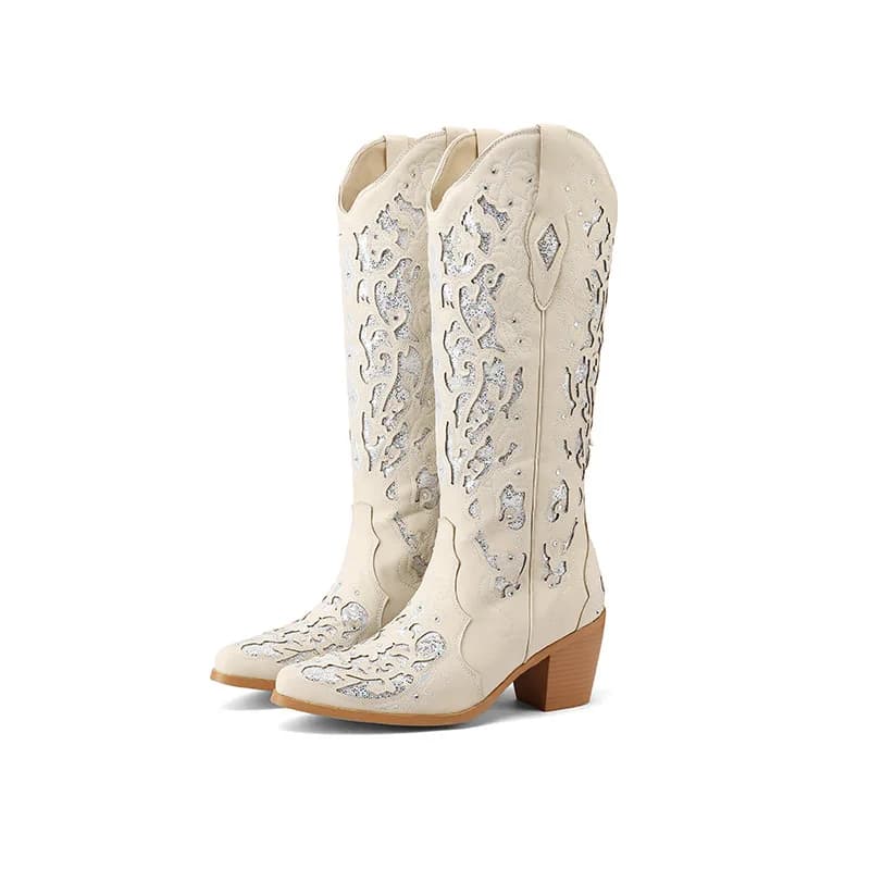 2025 Nuovo stile per il tempo libero Punta tonda Stivali al ginocchio da donna Tacchi medi robusti Slip On Design Scarpe da sfilata di moda di grandi dimensioni