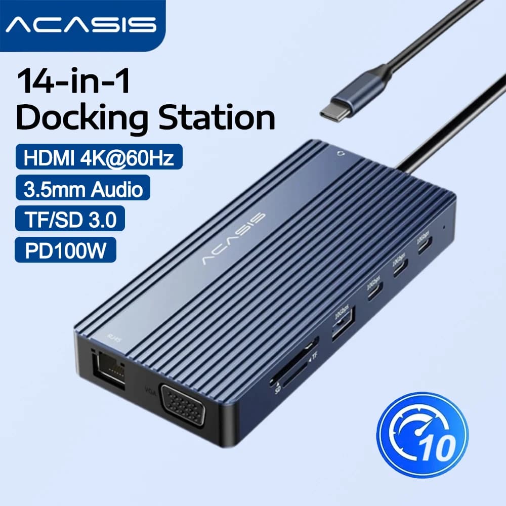 Acasis Docking Station USB-C 14 in 1, Hub USB C 10Gbps con Doppia Uscita Video HDMI SD/TF, VGA, PD100W, Ethernet RJ45 1000Mbps