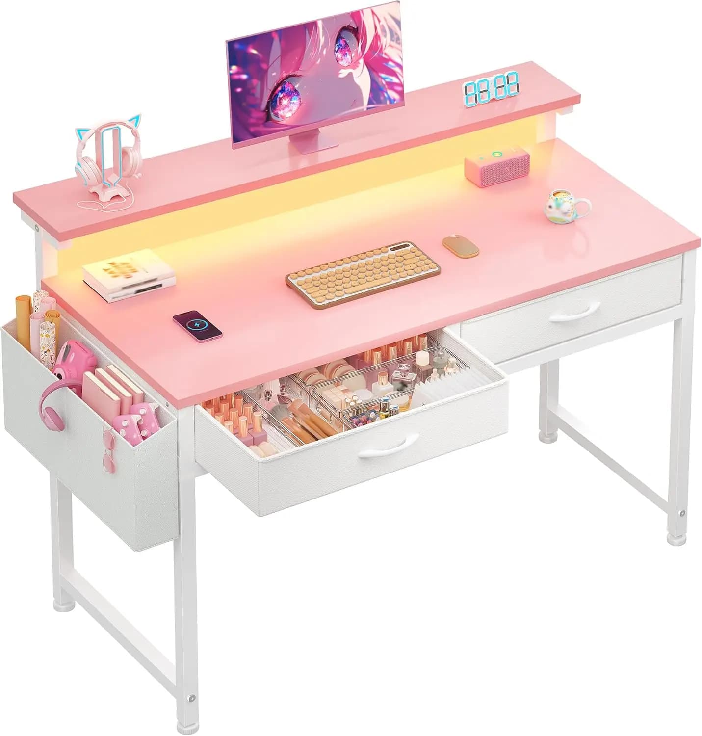 Small Computer Desk 31 Inch with LED Lights and 2 Fabric Drawers, Gaming Desk with Side Pocket and Ergonomic Monitor Stand, Anti-Tip Study Writing Table for Small Space, Pink