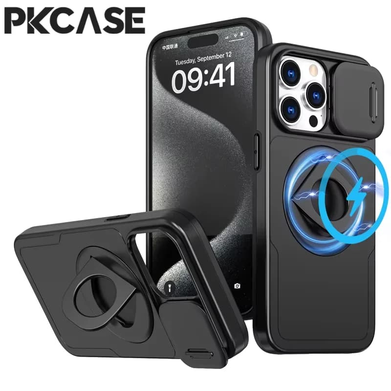 PKCASE 360° Rotation Ring Invisible Stand Shockproof Case For iPhone 17 16 15 14 Plus 13 12 11 Pro Max Lens Slide Window Cover