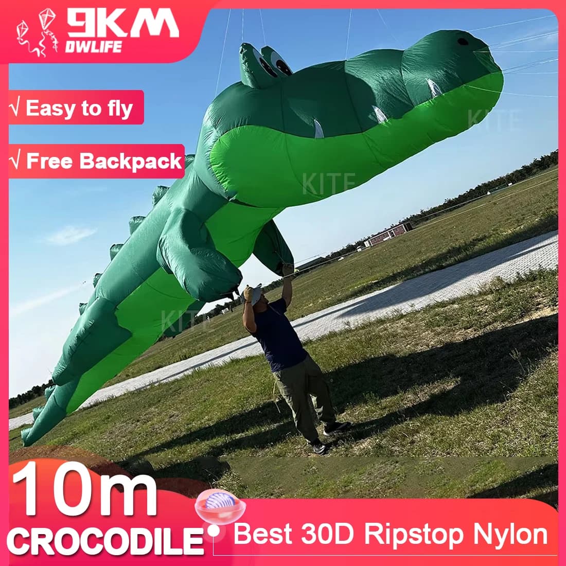 9KM 10m Crocodile Kite Ripstop Nylon Fabric Line Laundry Kite Pendant Soft Inflatable Large Professional Kite with Bag