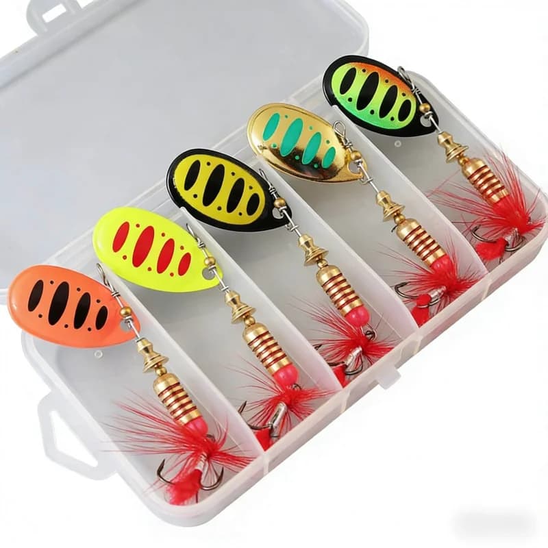 Set di esche rotanti con paillettes composite da 7g, 5 esche bioniche monopezzo con amo triplo in metallo e piuma, adatte sia per acqua dolce che salata