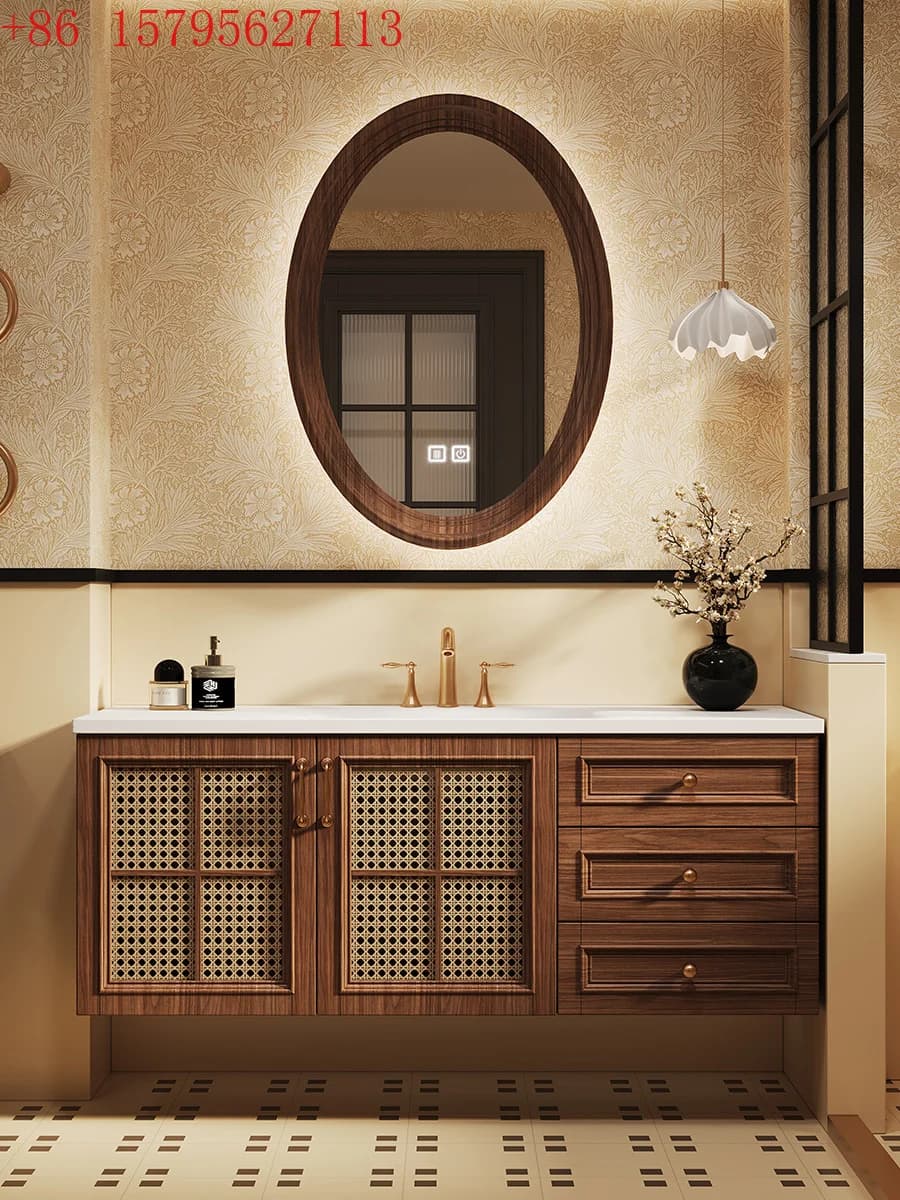 Lavabo medievale DuPont Corian integrato Mobiletto da bagno in legno di gomma e rattan Mobiletto con specchio intelligente Lavabo per WC