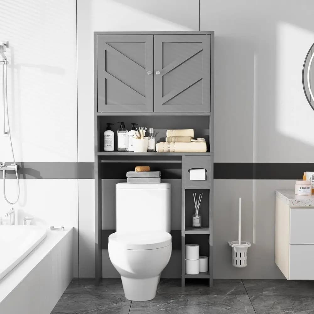 Mobiletto Salvaspazio da Bagno Sopra il WC con Portarotolo Integrato, Grigio
