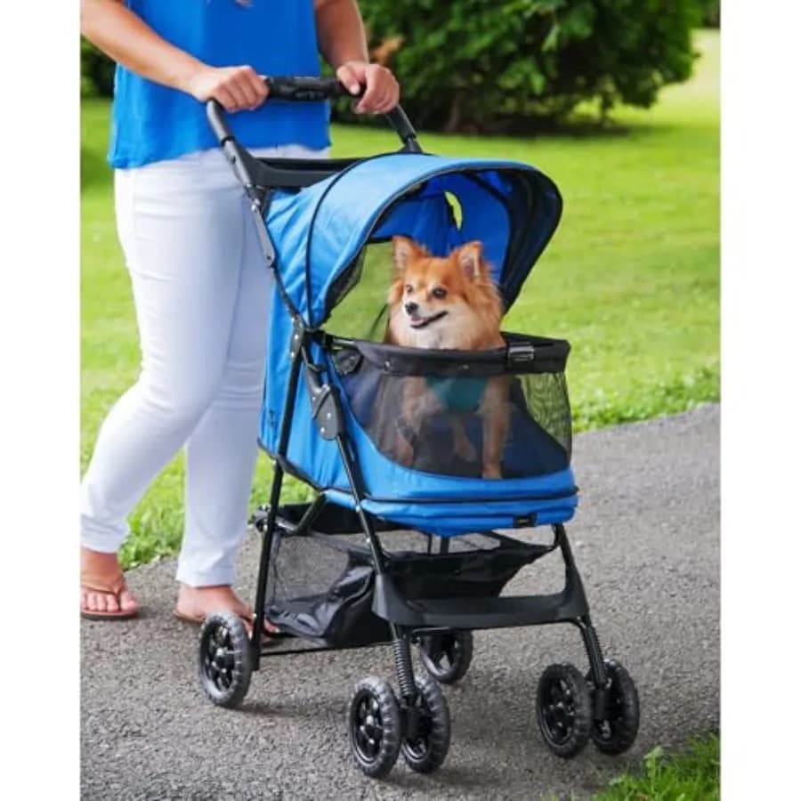 Passeggino per animali domestici Pet Gear No-Zip Happy Trails per gatti/cani: poliestere cobalto, ingresso senza cerniera, facile da piegare, fodera rimovibile, contenitore portaoggetti
