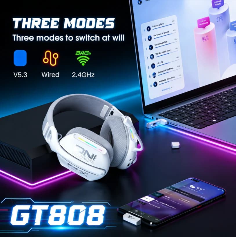Cuffie da Gaming Onikuma GT808 Bianche a Tripla Modalità con Altoparlanti da 40mm per un Riconoscimento del Suono Facilitato a 360° ° Microfono Girevole Gratuito