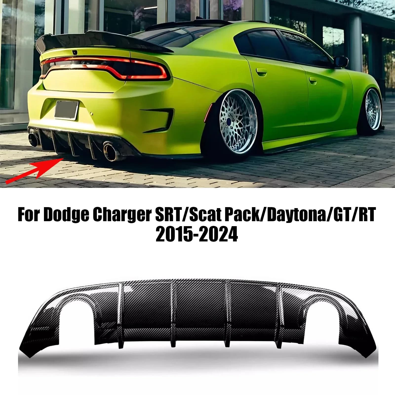 Rear Bumper Lip Diffuser Spoiler Lower Splitter For 2015-2024 Dodge Charger SRT/Scat Pack/Daytona/GT/RT Carbon Look Glossy Black