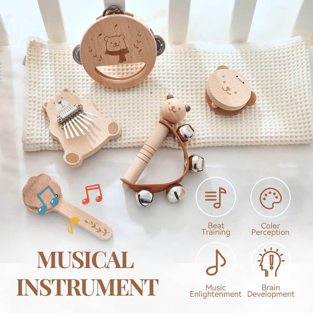 Baby Wooden Instruments Montessori Toys Musical Xylophone Toys Set Wooden Bear Thumb Fiddle Musical Instrument Educational Toys