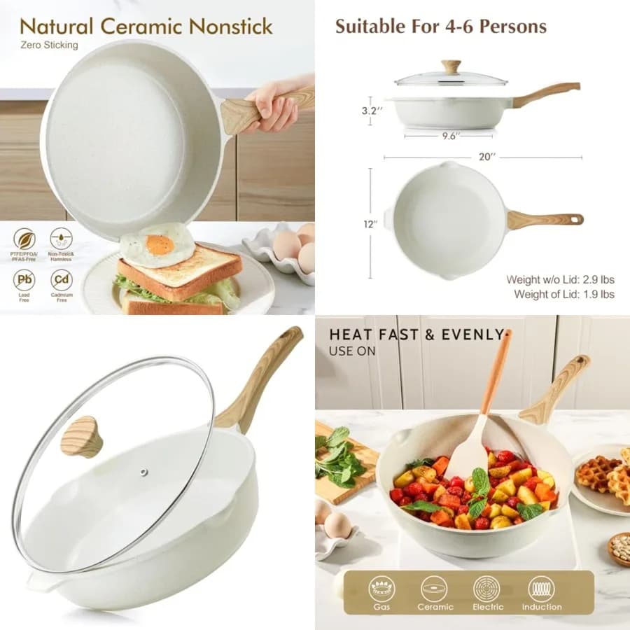 Padella Antiaderente in Ceramica da 12 Pollici, 5QT, Padella Profonda Non Tossica con Coperchio, Pentola Sana Senza Teflon, Manico Isolante