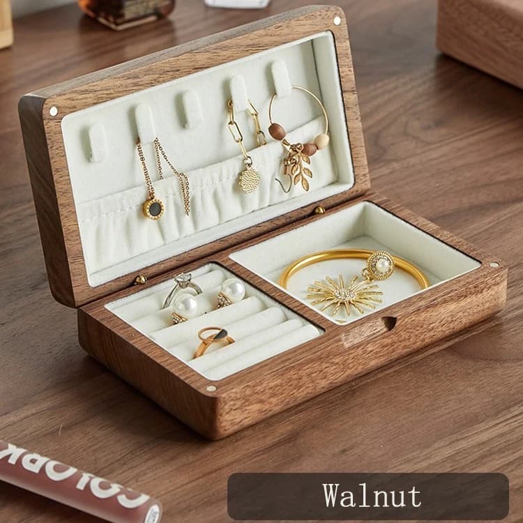 HeMu Wood Jewelry Box with Magnetic Closure, Multi-compartment Wooden Organizer for Rings Earrings Necklaces, Velvet Lining