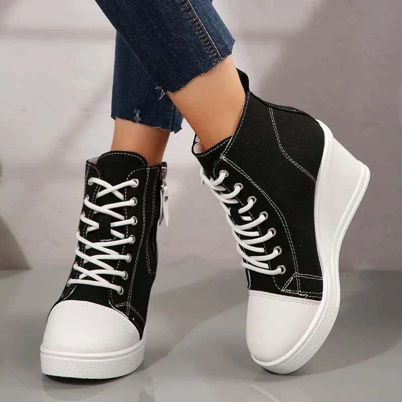 2025 Nuove scarpe classiche di tela alte da donna Sneakers con plateau stringate in colore a contrasto Scarpe vulcanizzate casual antiscivolo da donna