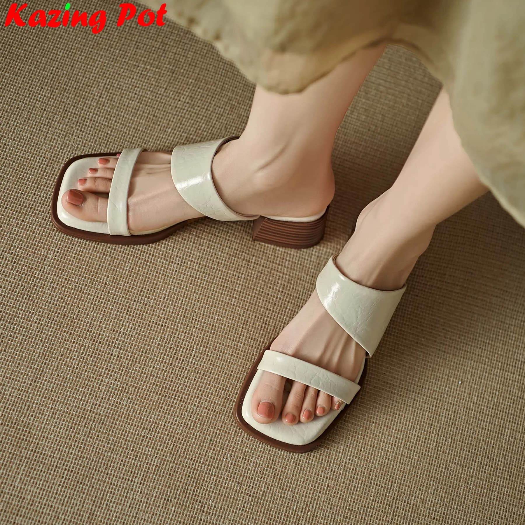 Plus Size 34-41 Cow Leather Peep Toe Slingback Mules Summer Shoes Med Heels Dating Office Lady Casual Dress Modern Women Sandals