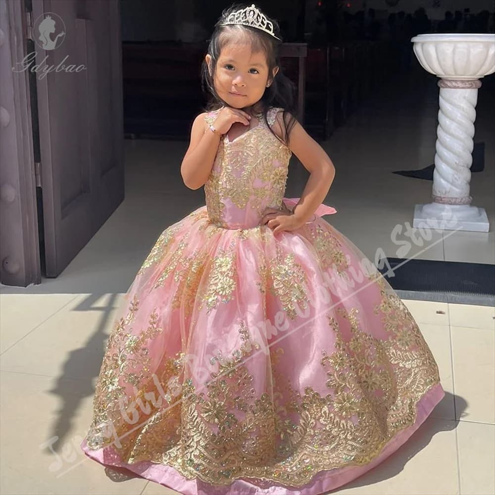 Abito da ragazza di fiore rosa con applicazioni in pizzo dorato, soffice stile principessa senza maniche per cerimonie di compleanno e battesimo