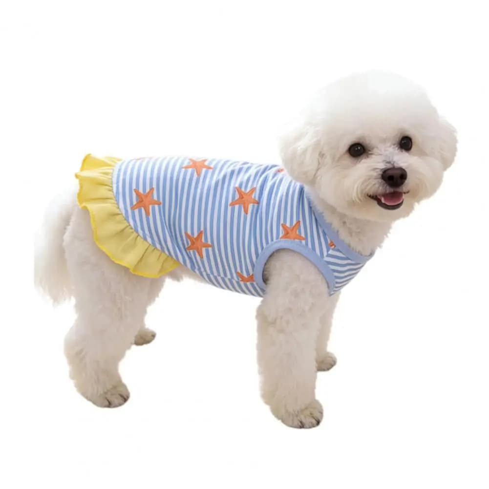 Pet Skirt Ocean Style Pet Clothing Breathable Starfish Print Dog Shirt with Leash Hook Ruffle Hem Pet Dress Cute Puppy for Small