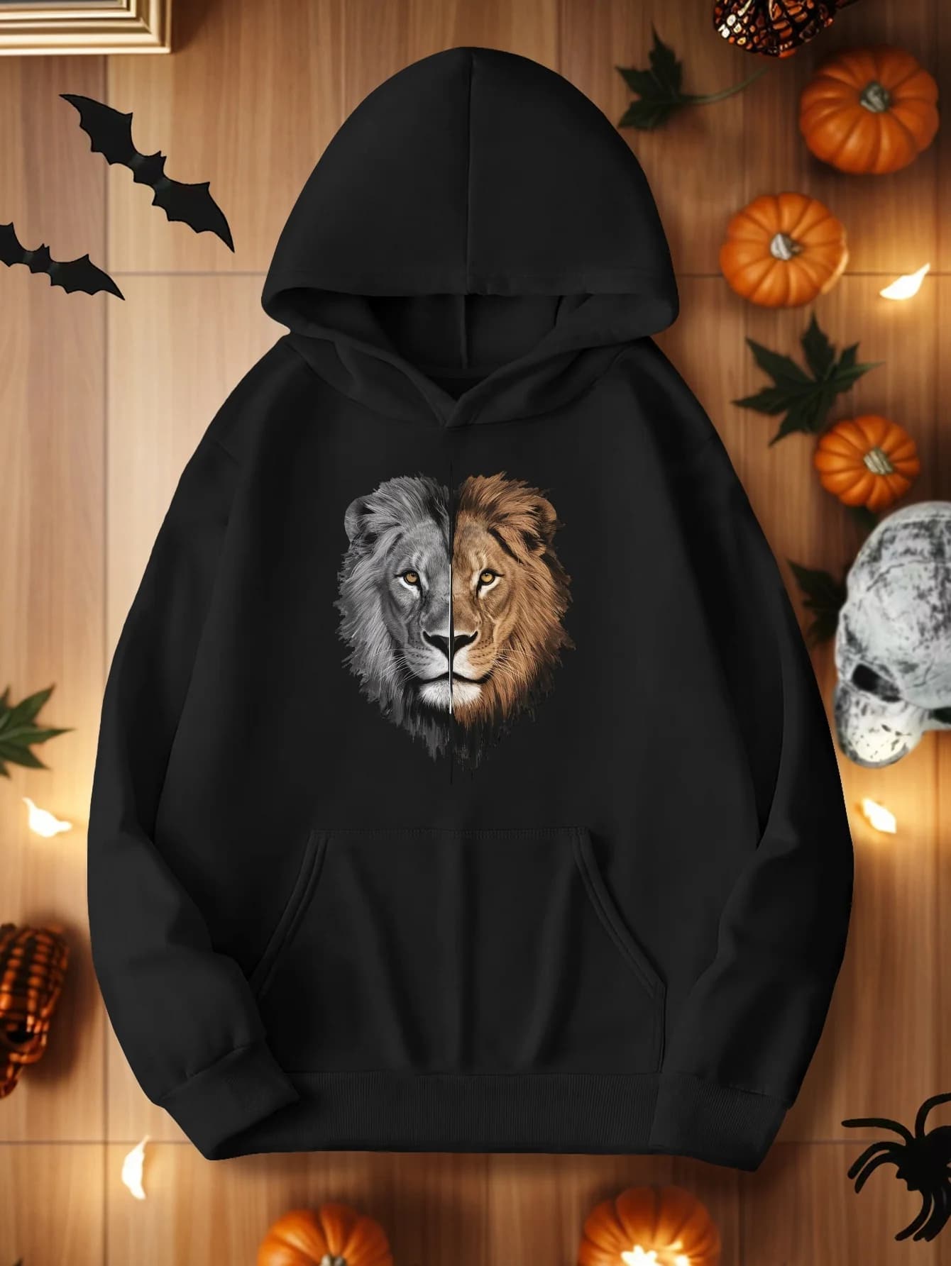 Felpa con cappuccio con stampa leone, felpa casual con tasca a marsupio a maniche lunghe, abbigliamento da donna