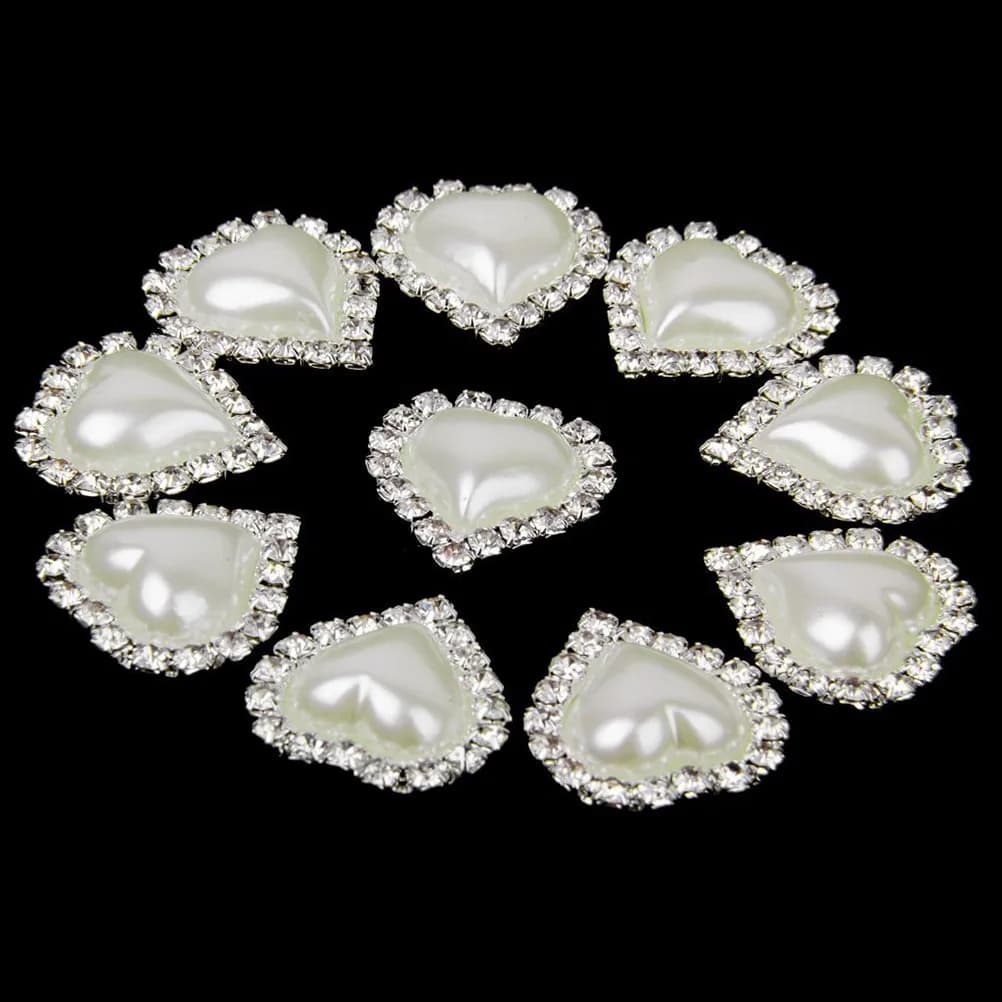 10 Pezzi Bottoni a Forma di Cuore con Strass in Lega di Zinco e Perle, Decorazione Piatta Argento Beige per Abiti, Borse, Fasce per Capelli