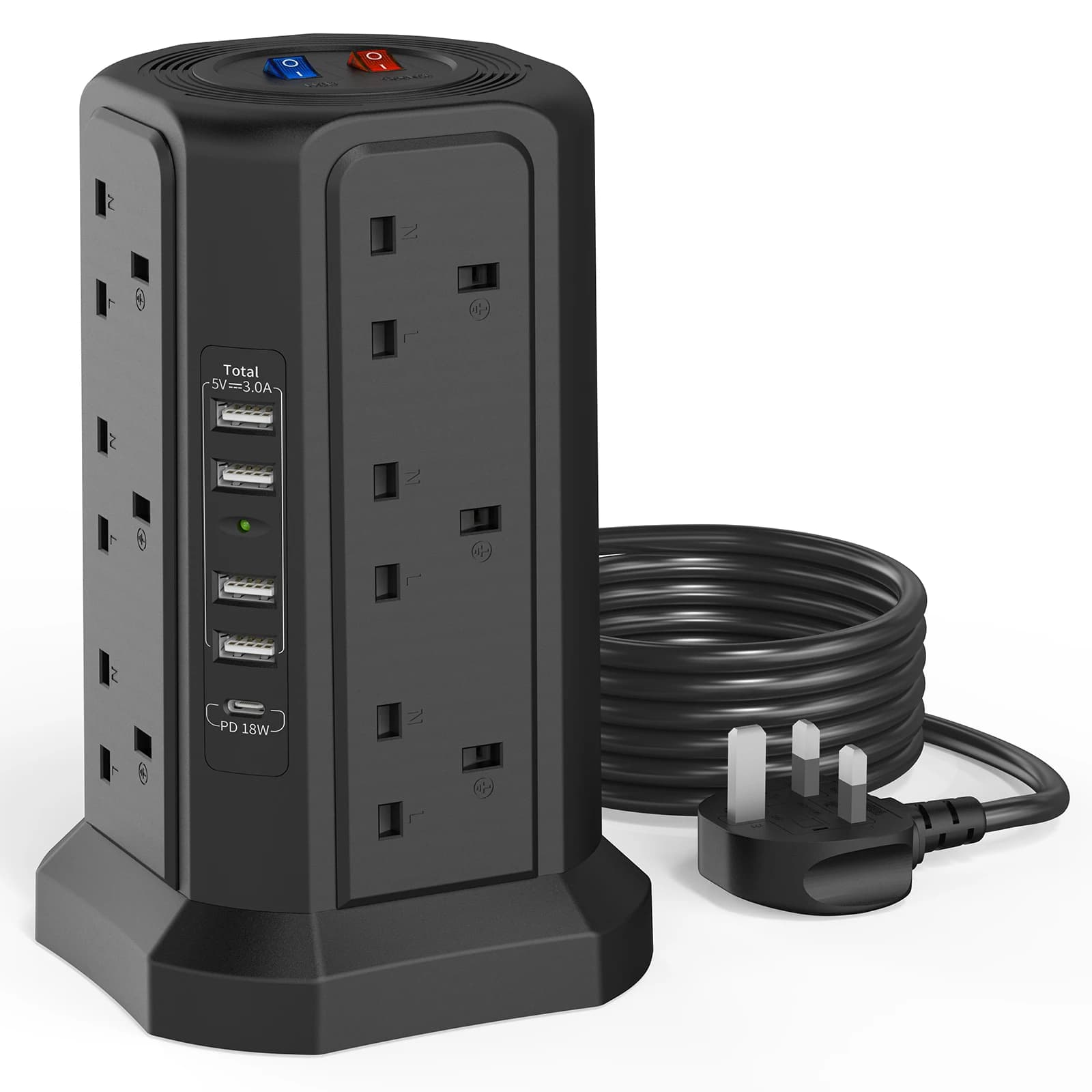 Extension cable for 1.8 m tower with USB slot with 18 W USB C fast charger (5 V/3.1 A), extension tower with 12-way plug