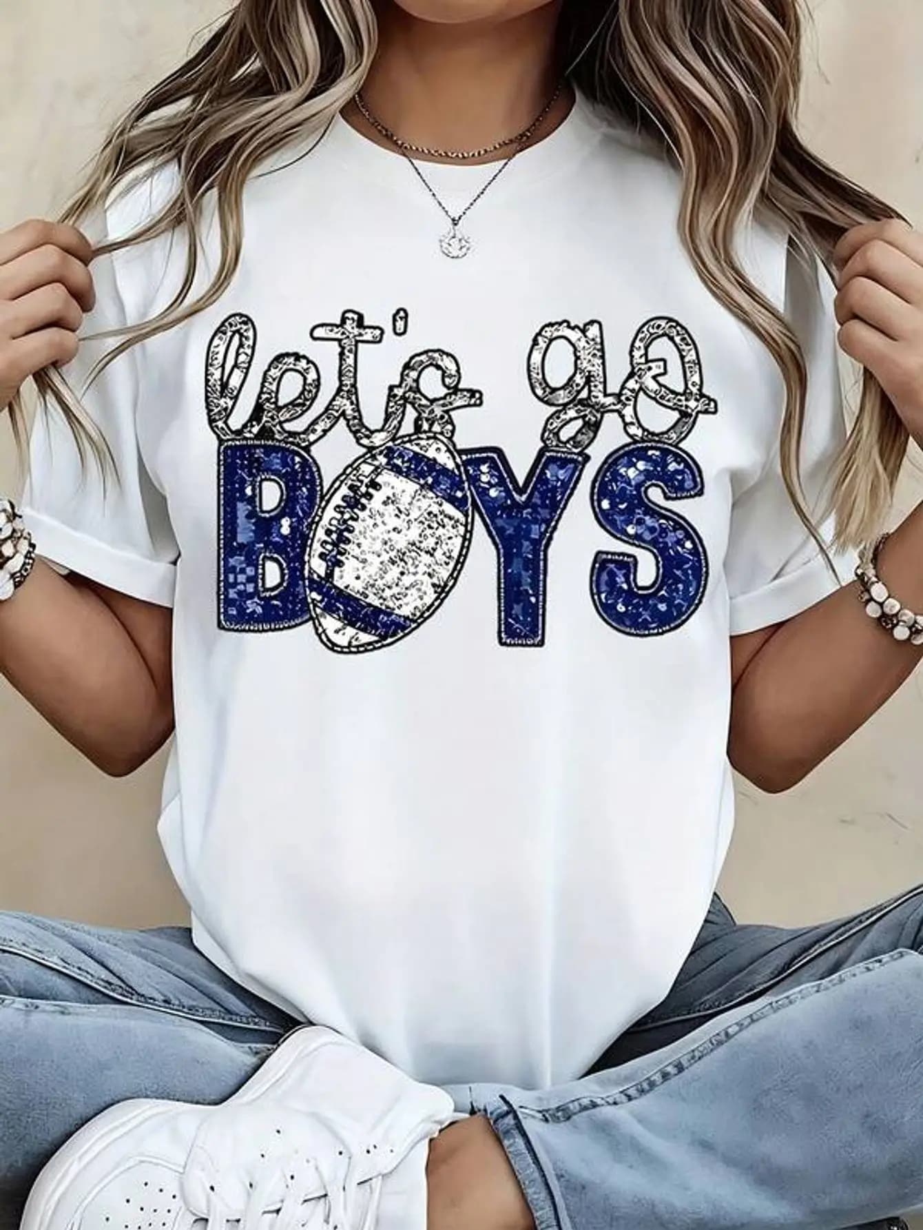 Women's White Let's Go Boys Glitter Football T-Shirt For Game Day And Sports Fan Events