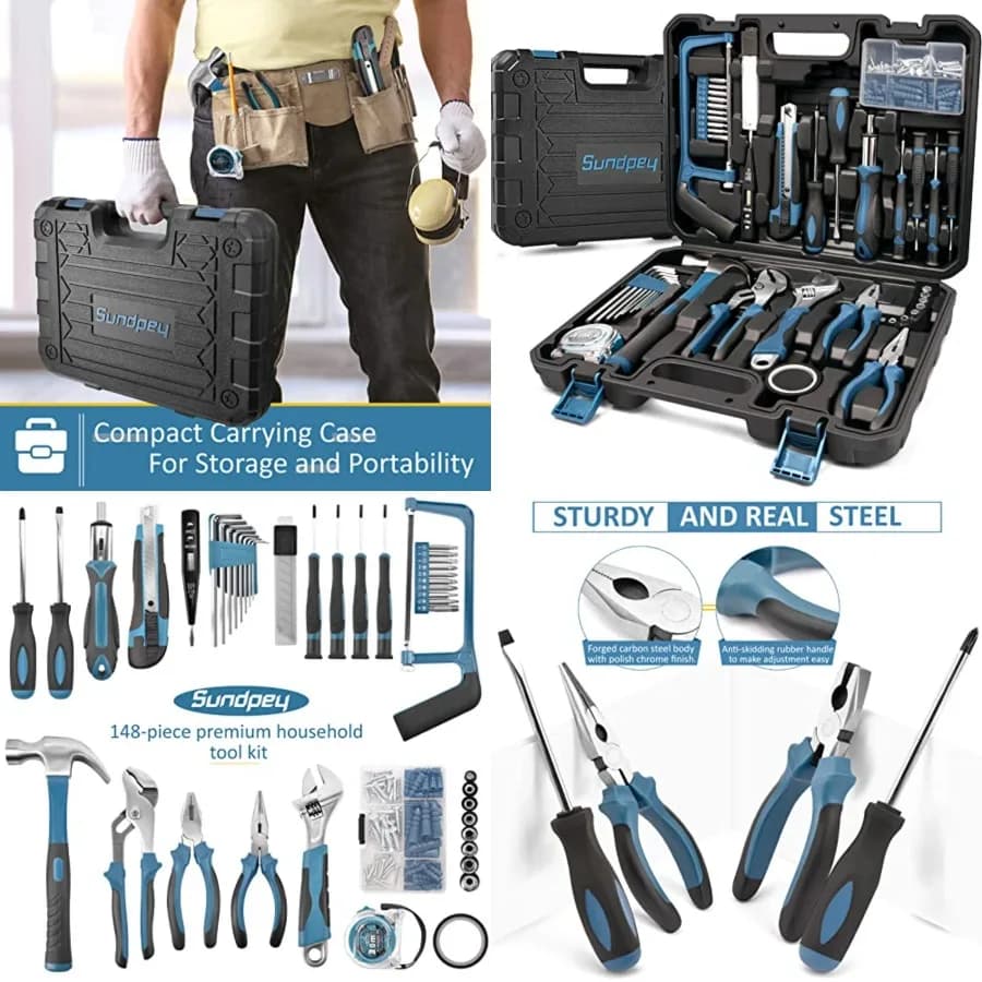 Sundpey Home Tool Kit 148-Pcs - Household Basic portable Hand Repair Tool Set with Case Ratcheting Screwdriver Hex Key Pliers W