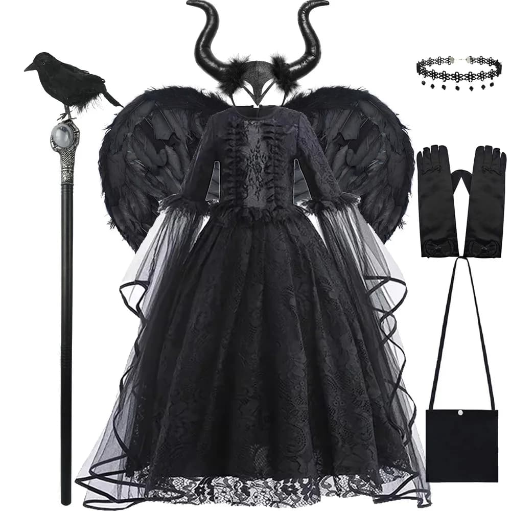 Maleficent Costume Kids Girls Halloween Evil Queen Lace Black Dress Deluxe Maleficent Cosplay Apparel Vestidos