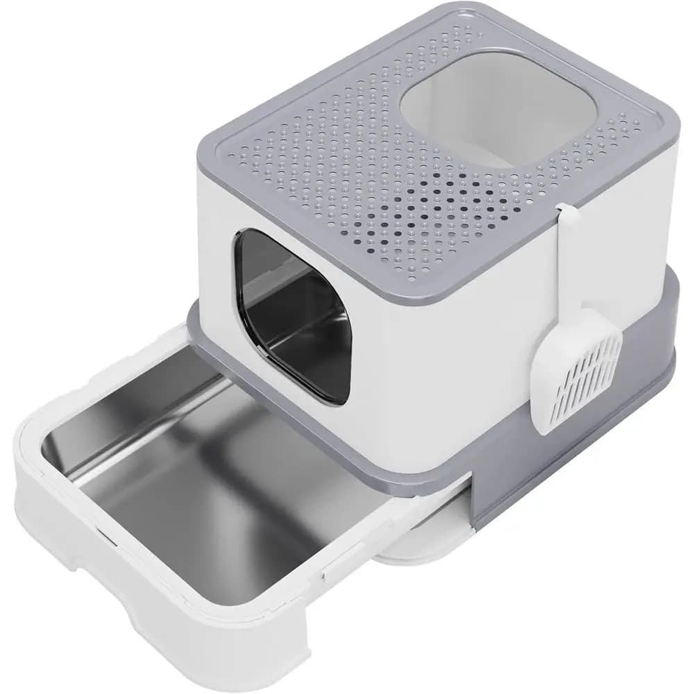 Lettiera per Gatti in Acciaio Inox: Design Grande, Anti-Perdite e Anti-Odore - XL Grigio - Soluzione per Proprietari di Gatti da Interno