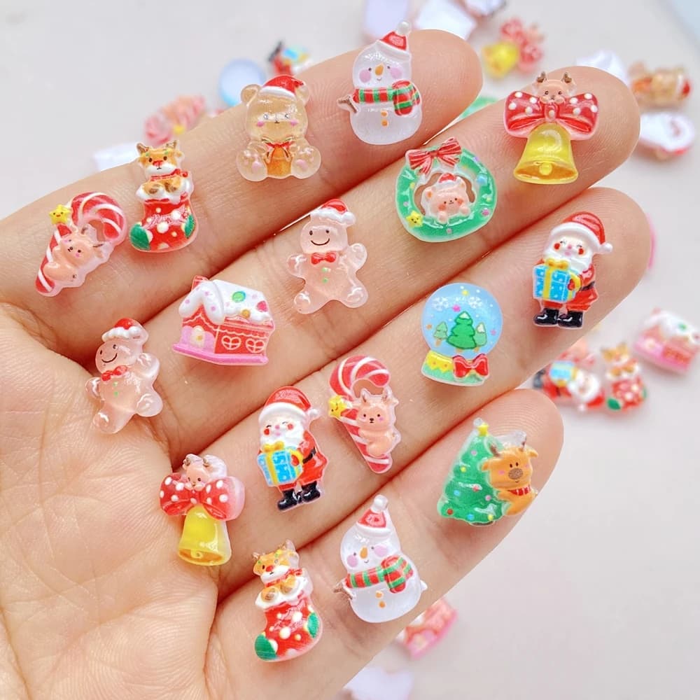 50 pezzi in resina mini cartone animato pupazzo di neve di Natale albero Babbo Natale cervo stella flatback strass figurine nail art fai da te scrapbook artigianale