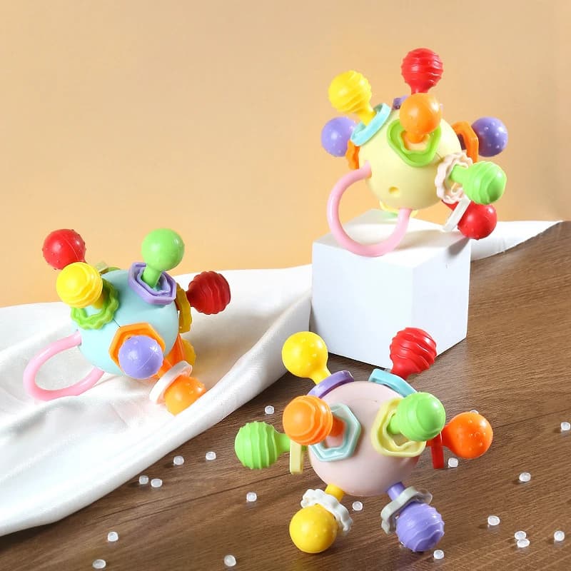 Palla da mordere con presa manuale, giocattolo sonoro portatile per neonati e bambini, per lo sviluppo e l'apprendimento