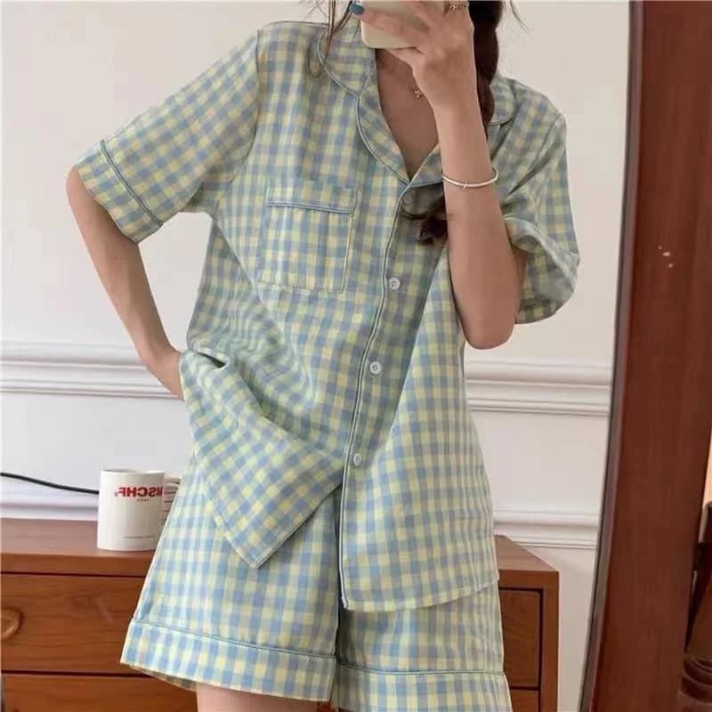 Pajamas Women Summer Cartoon Cute Bear Short Sleeve Nightwear Loungewear Set Ladies Cardigan Striped Plaid Short Sleepwear