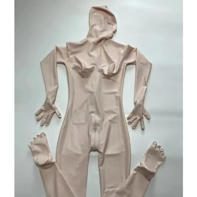 Baby Pink Latex Full-coverage Bodysuit with Gloves and Socks, 3D Sculpted Chest, Back, and Crotch Zipper.