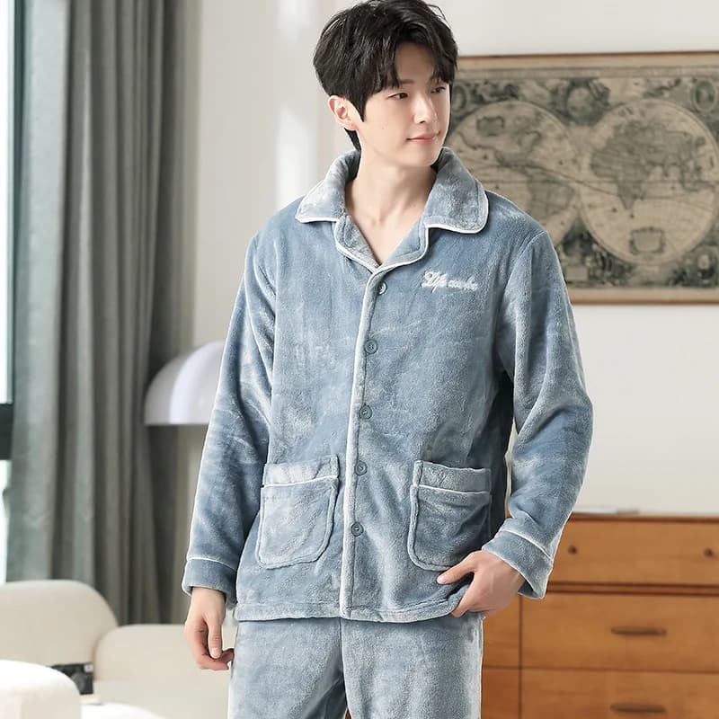 Men's pajamas - winter coral fleece thickened and padded for warmth. Men's winter outerwear suitable for wearing outside. Youth