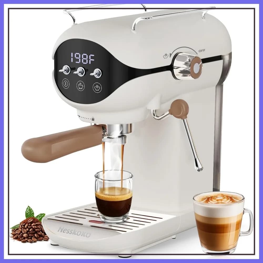 Macchina per Espresso 20 Bar con Montalatte, Semiautomatica Compatta Bianca per Casa