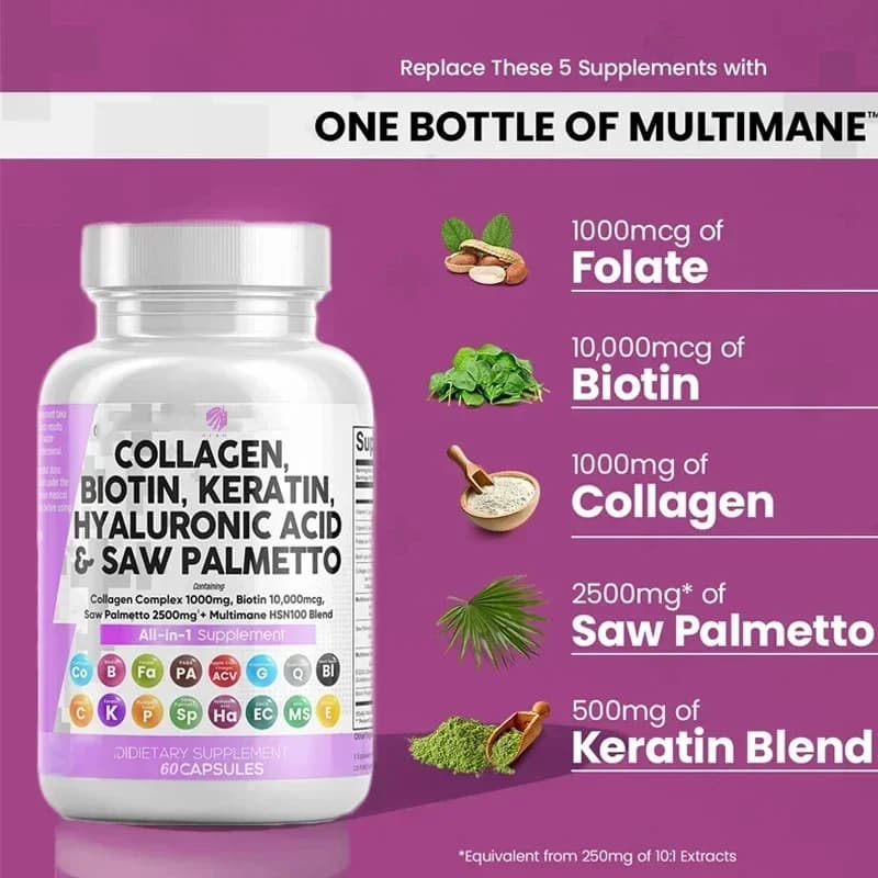 Collagen supplement from 60 pills with biotin, keratin, saw, palmetto, hyaluronic acid, vitamin E and folder for hair, skin, nails, health