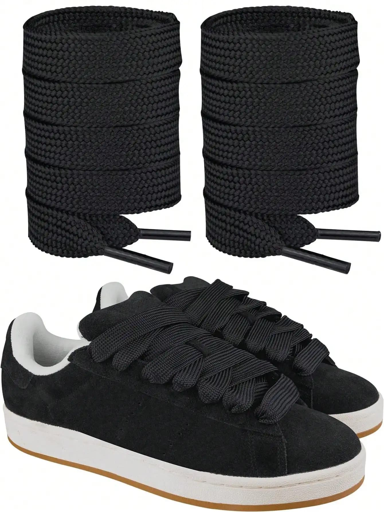 2 paia di lacci piatti in poliestere neri larghi 20 mm per sneakers da uomo e da donna casual