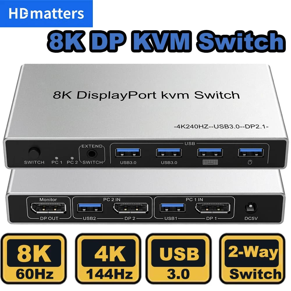 Switch KVM Displayport 8K 4K@144hz KVM USB a 2 porte 8K Displayport 1.4 Switch KVM Dp switch mouse e tastiera supportati