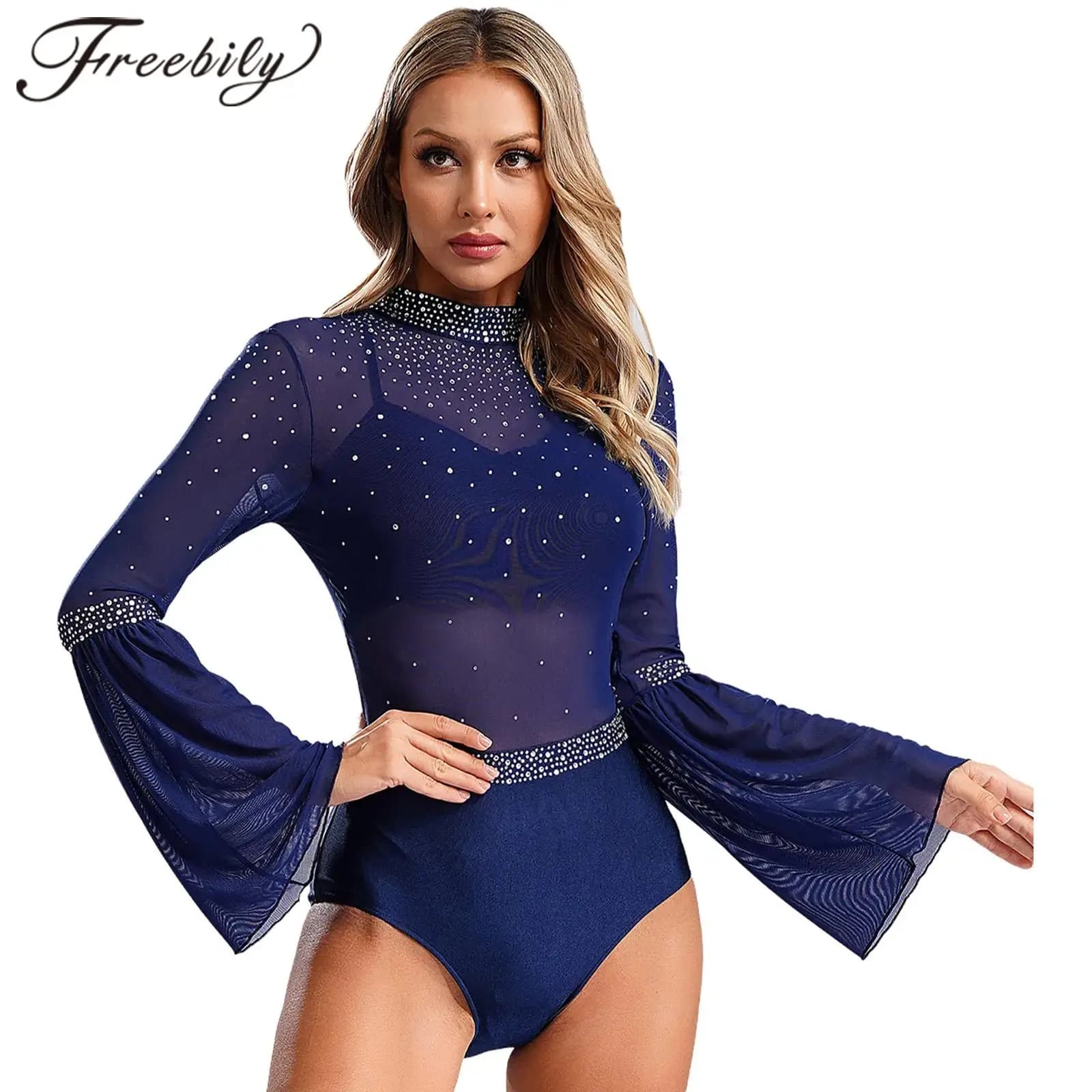 Body da pattinaggio di figura da donna Ginnastica ritmica Tuta Manica svasata Balletto Danza Body Dancewear Costume da spettacolo