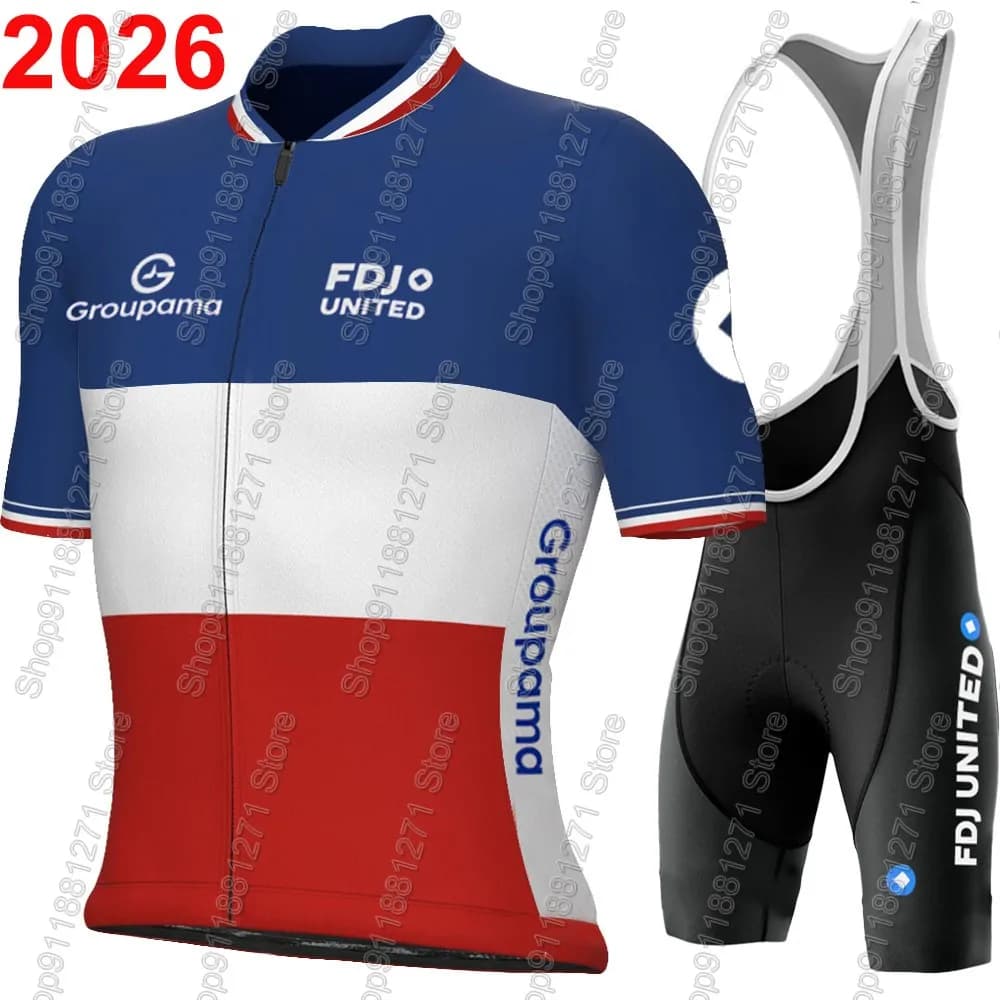 FDJ United Groupama 2026 Cycling Jersey Set Men's Summer Cycling Clothing Road Bike Shirts Jumpsuit Shorts with Bicycle Seats MTB Maillot
