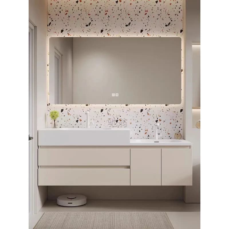 Luxury Skin Bathroom Cabinet Intelligent Solid Wood Vanity Combination High and Low Washbasin Sink Double Basin Bathroom Cabinet