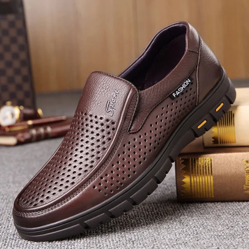 Scarpe slip-on da uomo estive traforate traspiranti comode con fondo morbido antiscivolo in pelle-8867-1