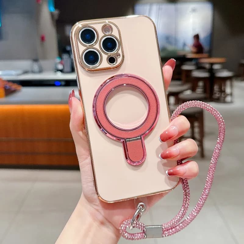 Premium-Made Metal Stand For MagSafe Phone Case For iPhone18 Pro Max 17 16 15 14 13 Wireless Charging Matching Wrist-Strap Cover