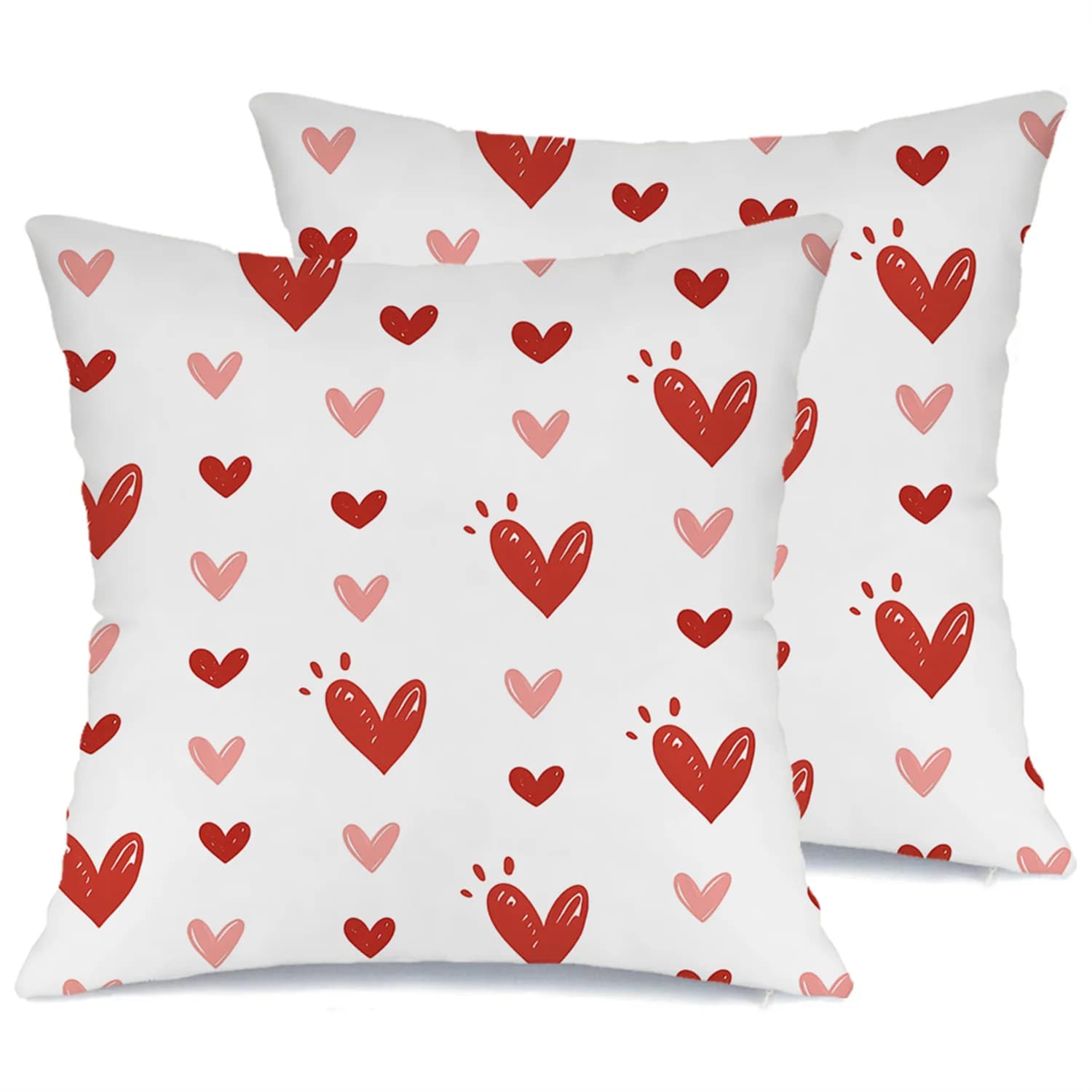 Valentine's Day Heart Pillow & Cushion Cover 2pcs – Red & Pink Hand-Drawn Love Pattern, Romantic Decor for Bedroom or Sofa