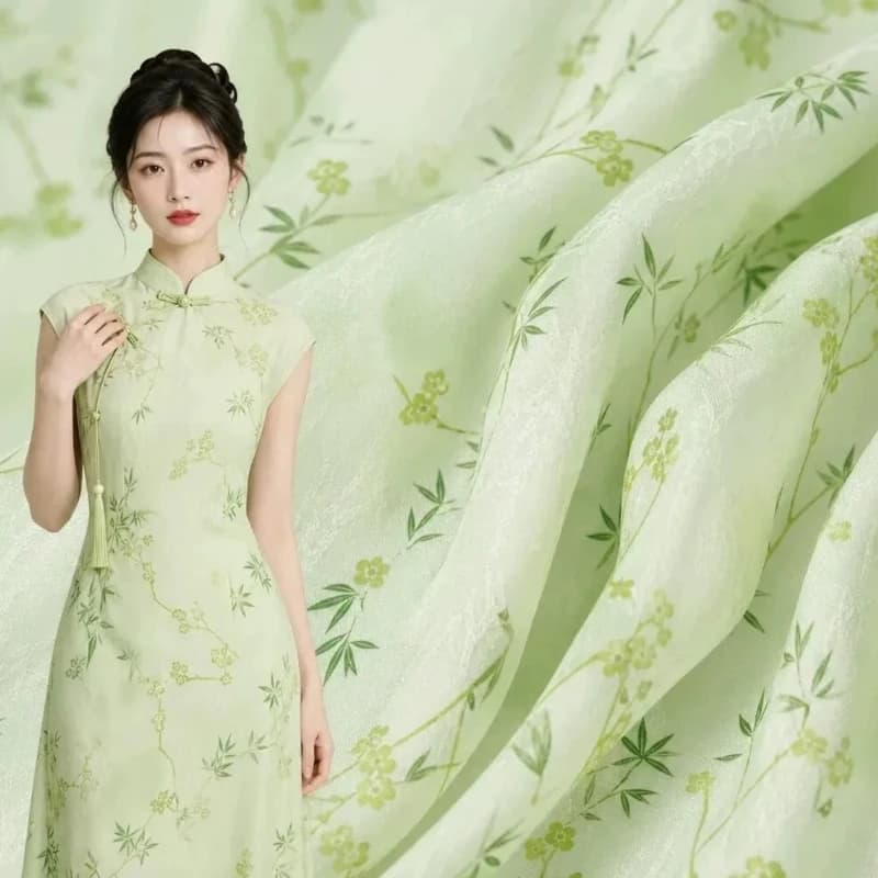 Light Green Bamboo Plum Dark Pattern Printed Lyocell Fabric Chinese Style Thin Semi Transparent Shirt Cheongsam Dress Fabric