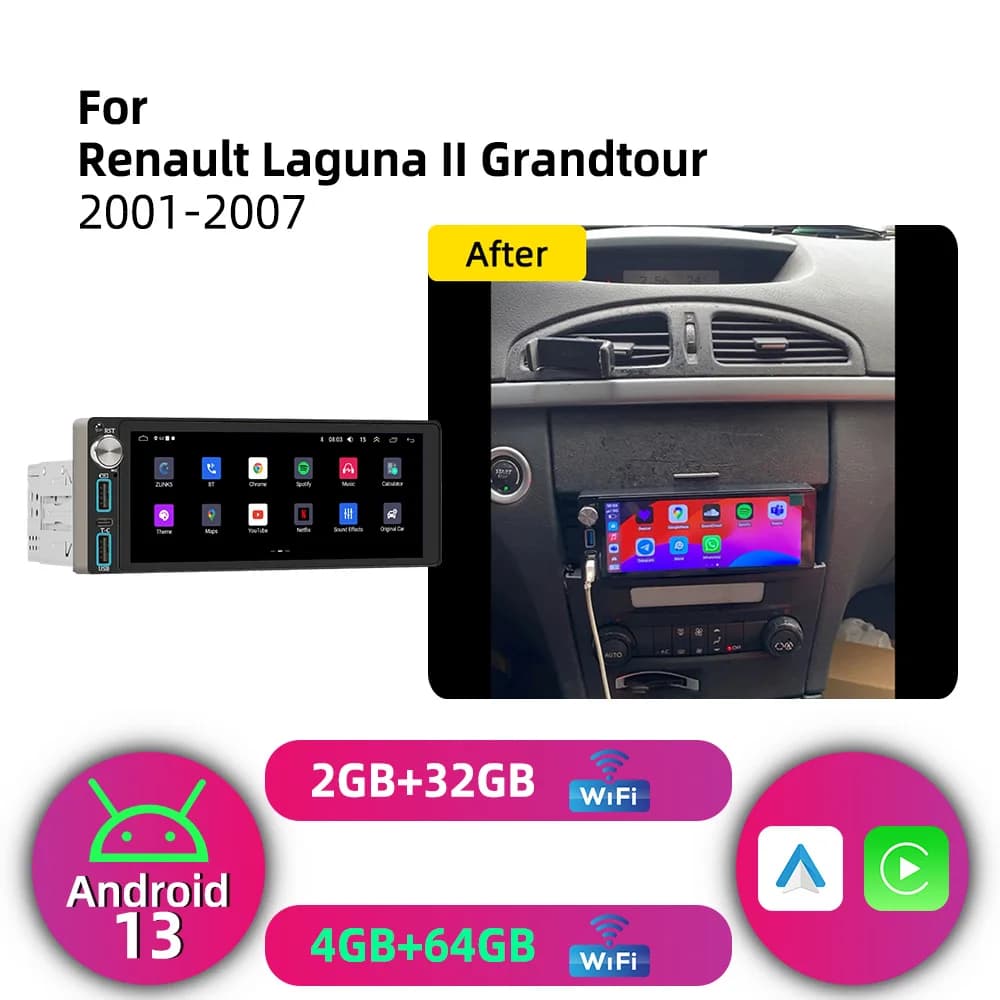 1Din 6.86 inch Android Car Stereo Carplay GPS Car Multimedia Autoradio Radio Head Unit for Renault Laguna II Grandtour 2001-2007