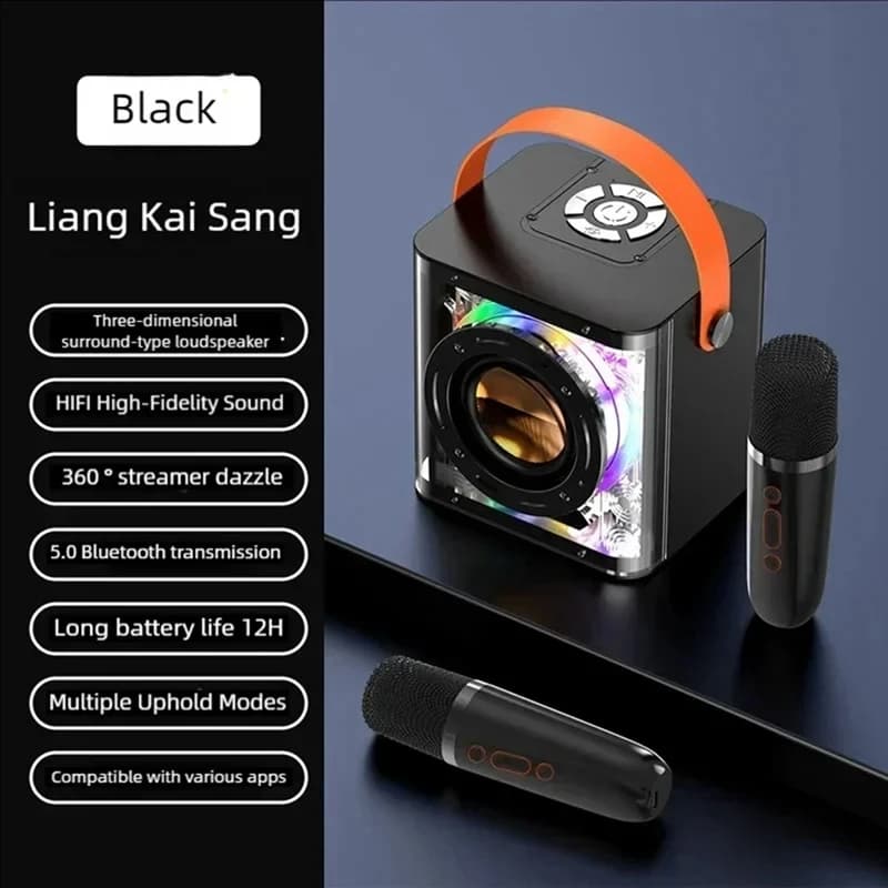 Mini macchina per karaoke portatile Set altoparlante Bluetooth surround di luce colorata con 2 microfoni wireless per bambini adulti B-A23U
