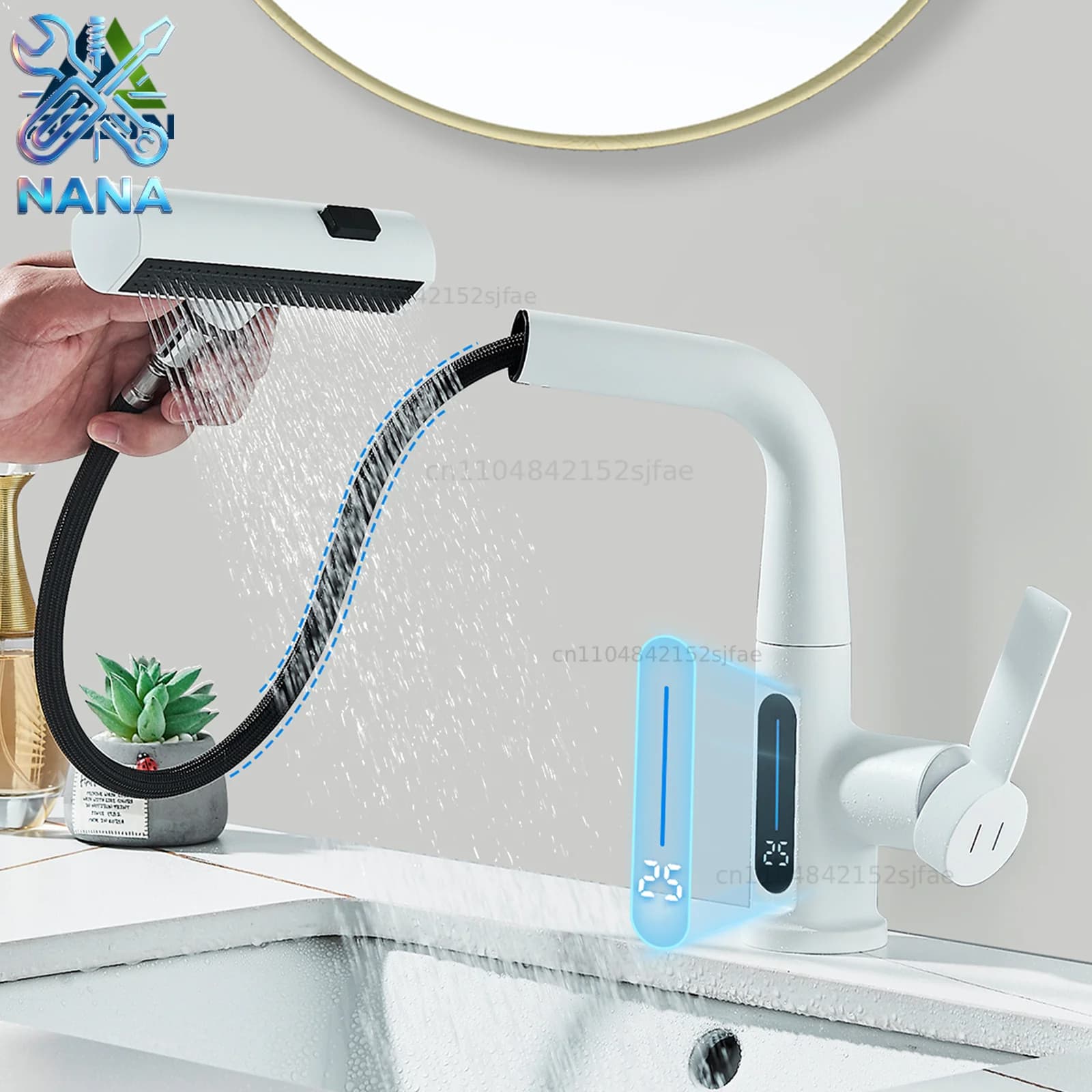 Digital Display Basin Faucet Pull Out Lifting Bathroom Faucets 3 Ways Nozzle Rainfall Stream Sprayer Hot Cold Water Mixer Tap