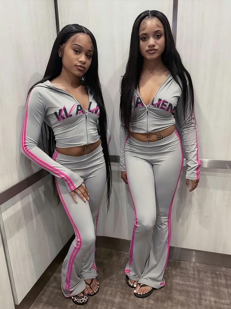 Casual Tracksuit 2 Piece Set Woman Letter Print Full Sleeve Hooded Jacket+Stripe Patchwork Long Pants Sporty Style Outfits