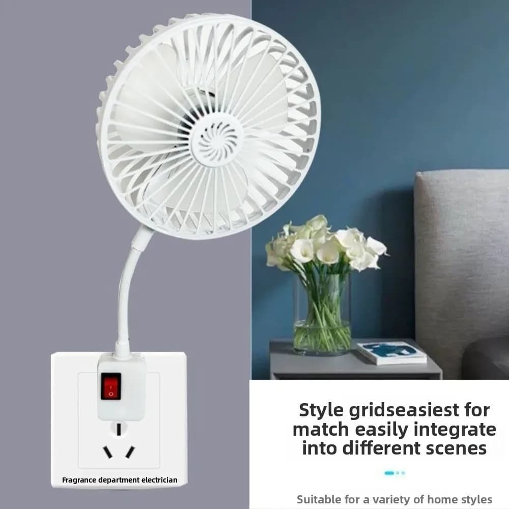 3-Prong Plug Design Socket Fan Space Saving 360 Degree Adjustable Energy Efficient Fan USB-Powered Wall-Mounted