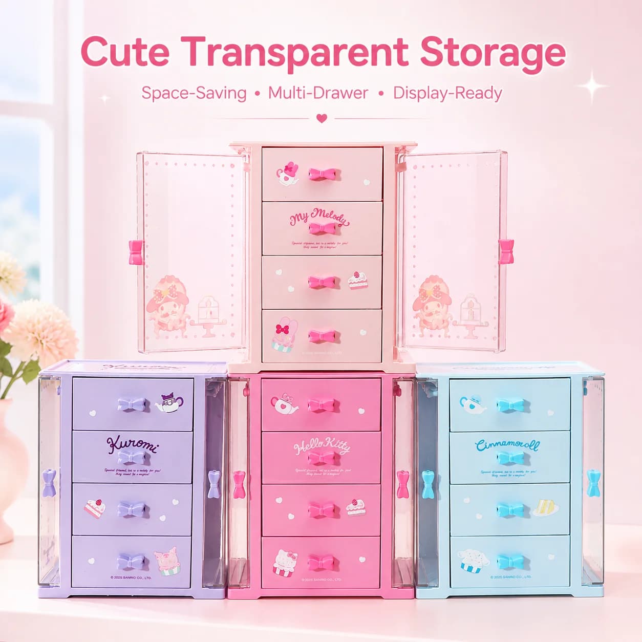 Genuine Kitty My Melody Afternoon Tea Mini Wardrobe Jewelry Storage Box Pink Drawer Desktop Organizer For Women Daily Accessory