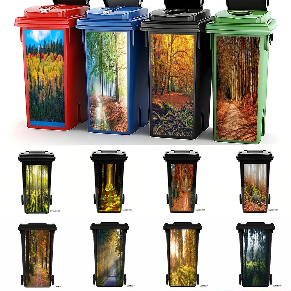 Adesivo per Cestino della Spazzatura con Foresta Luminosa Magica, Design Albero Incantato con Raggi di Sole, Decorazione Impermeabile Rimovibile per Bidone Esterno