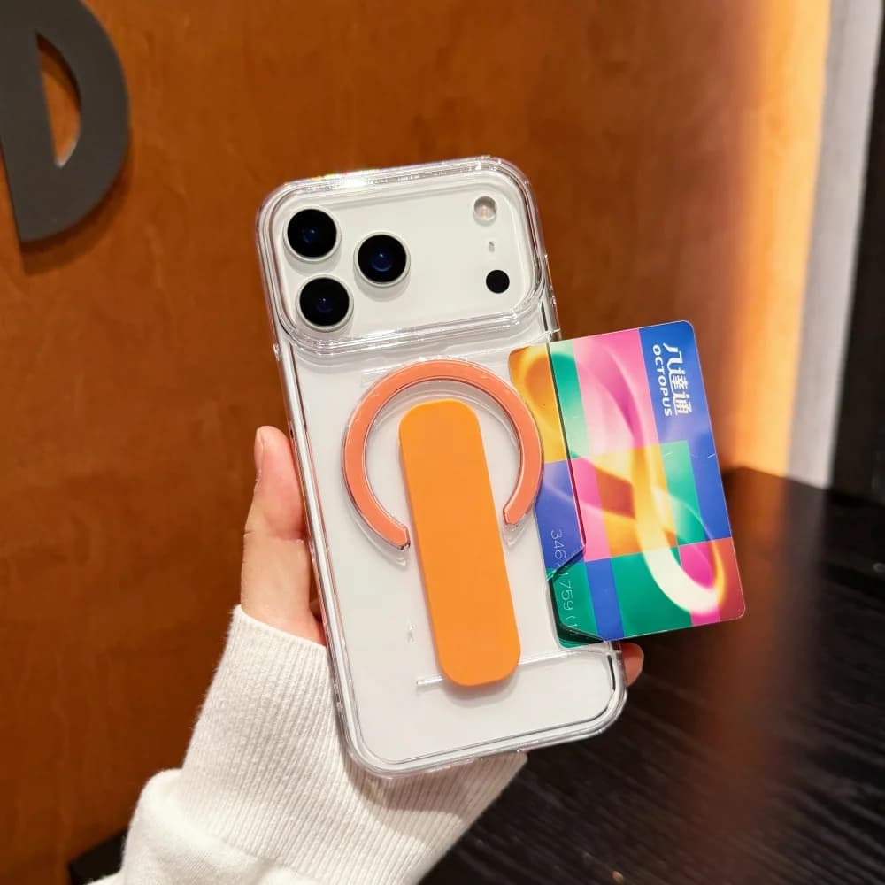 Nuova Cover Trasparente con Porta Carte per Custodia Magnetica MagSafe per iPhone 17 16 15 14 13 Pro Max, con Supporto e Bumper Antiscivolo Antiurto